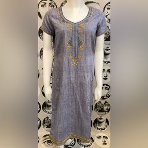 Blue Striped Kurti w/ Gold & Blue Flower Embroidery Front & Trim, Sz S
